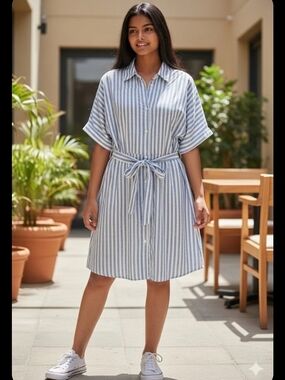 Striped Midi Shirt Dress with Tie Waist - Blue/White